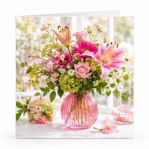 Wenskaart – “Roze bloemenboeket” – 8 Stuks